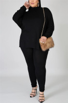 Black Fashion Casual Turtleneck Long Sleeve Regular Sleeve Solid Plus Size Set