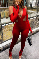Red Fashion Sexy V Neck Long Sleeve Off The Shoulder Skinny Solid Jumpsuits