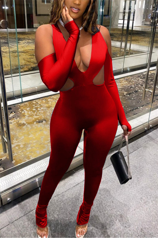 Red Fashion Casual Adult Solid Hollowed Out Fold V Neck Skinny Jumpsuits
