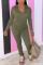 Army Green Fashion Casual Adult Solid Patchwork V Neck Long Sleeve Regular Sleeve Short Two Pieces