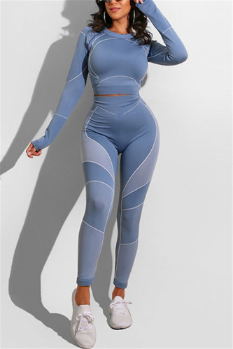 Blue Casual Sportswear Long Sleeve O Neck Regular Sleeve Short Print Two Pieces