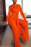 Orange Fashion British Style Adult Solid Slit O Neck Long Sleeve Regular Sleeve Long Two Pieces