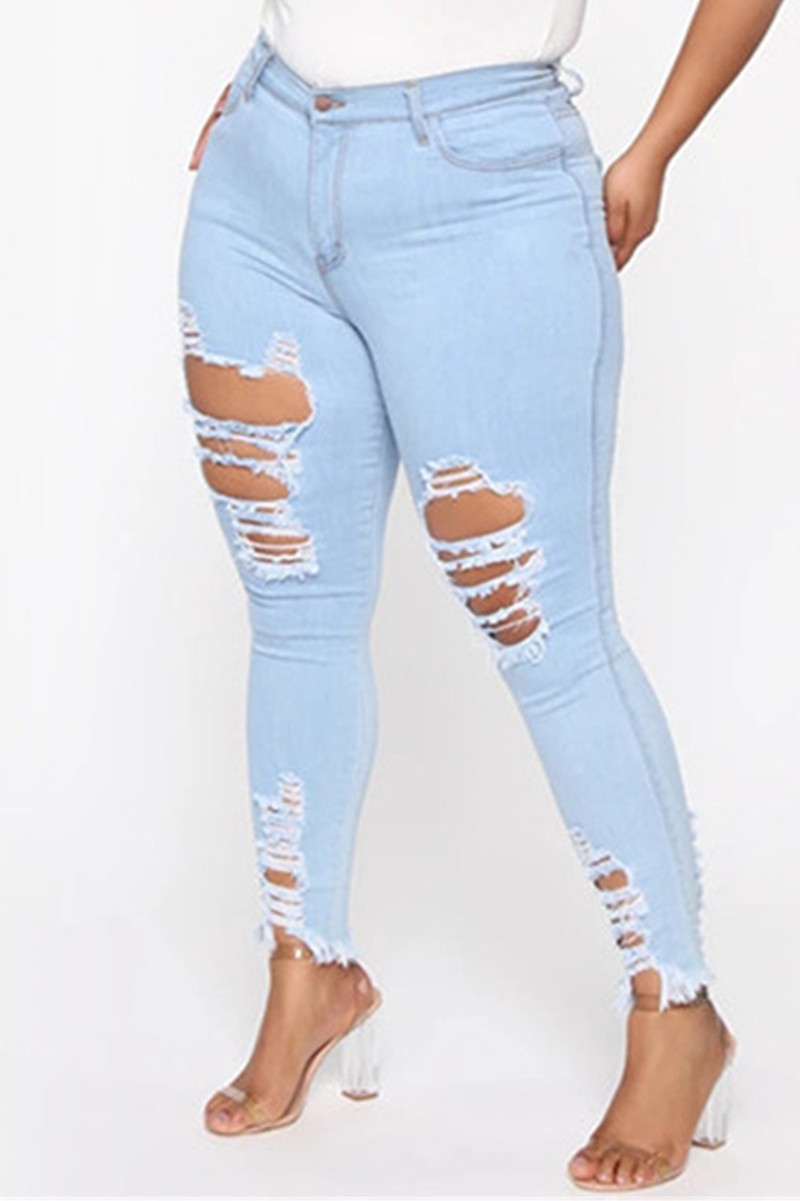 

Light Blue Fashion Casual Solid Plus Size High Waist Broken Hole Jeans