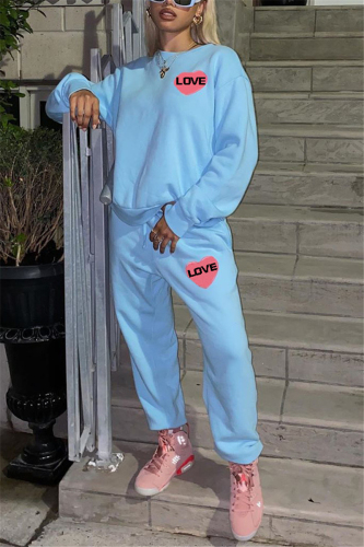 Light Blue Fashion Casual Adult Print Letter O Neck Long Sleeve Regular Sleeve Regular Two Pieces