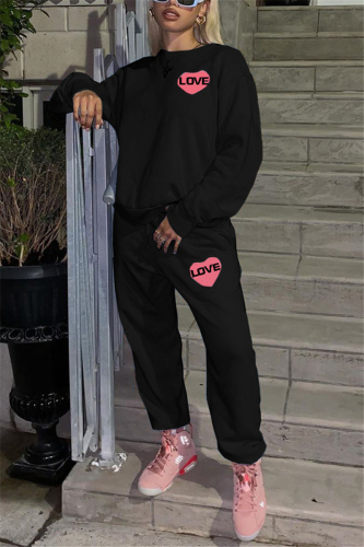 Black Fashion Casual Adult Print Letter O Neck Long Sleeve Regular Sleeve Regular Two Pieces
