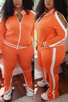 Orange Fashion Casual Zipper Collar Long Sleeve Regular Sleeve Striped Patchwork Plus Size Set