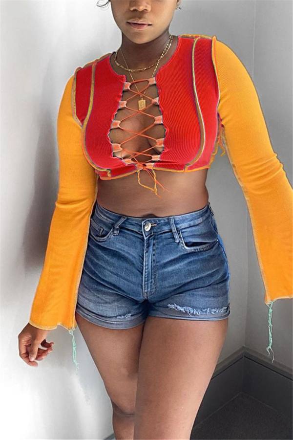 Red Fashion Sexy Long Sleeve Regular Sleeve Short Patchwork Tops