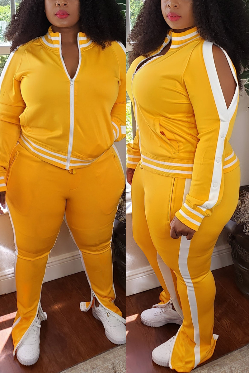 

Yellow Fashion Casual Zipper Collar Long Sleeve Regular Sleeve Striped Patchwork Plus Size Set