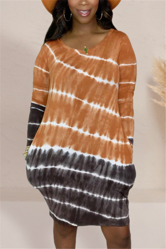 Brown Casual Print O Neck Long Sleeve Knee Length A Line Dresses