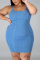 Light Blue Fashion Sexy Plus Size O Neck Sleeveless Off The Shoulder Solid Sling Dress