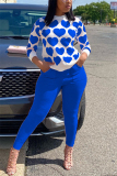 Blue Casual Daily Spandex Print Pocket Pullovers Pants Basic O Neck Long Sleeve Regular Sleeve Regular Two Pieces