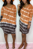 Brown Casual Print O Neck Long Sleeve Knee Length A Line Dresses
