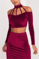 Wine Red Fashion Sexy Turtleneck Long Sleeve Off The Shoulder Solid Plus Size Set