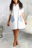 Blue Fashion Sexy Adult Patchwork Solid Patchwork Turndown Collar Long Sleeve Knee Length Shirt Dress Dresses