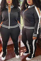 Black Fashion Casual Zipper Collar Long Sleeve Regular Sleeve Striped Patchwork Plus Size Set