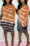 Brown Casual Print O Neck Long Sleeve Knee Length A Line Dresses