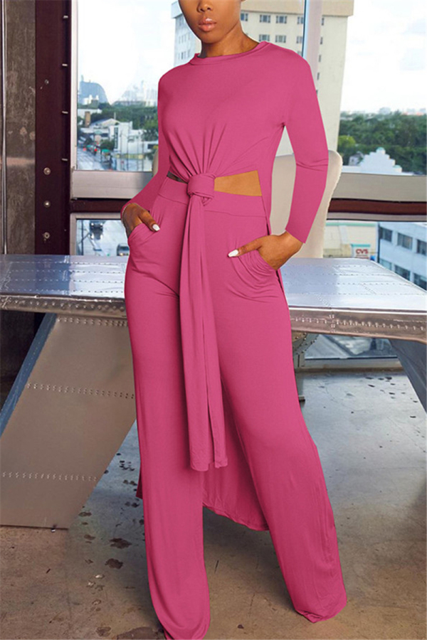 rose red Fashion British Style Adult Solid Slit O Neck Long Sleeve Regular Sleeve Long Two Pieces