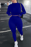 Royal blue Fashion Casual Adult Solid Embroidered O Neck Long Sleeve Regular Sleeve Regular Two Pieces