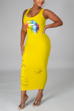 Yellow Fashion Sexy Tank Sleeveless Square Collar Vest Dress Mid Calf Lips Printed Dresses