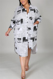 Multi Fashion Casual Plus Size Turndown Collar Long Sleeve Regular Sleeve Print Printed Dress