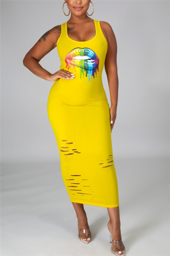 Yellow Fashion Sexy Tank Sleeveless Square Collar Vest Dress Mid Calf Lips Printed Dresses