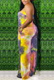 Yellow Fashion Sexy Strapless Sleeveless Off The Shoulder Regular Print Tie Dye Jumpsuits