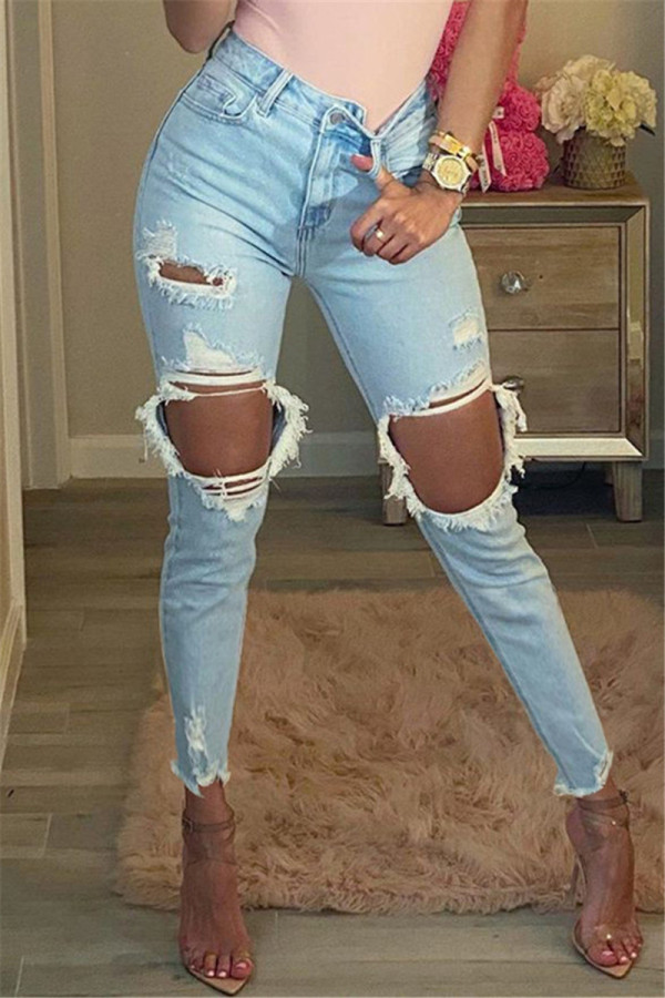 Baby Blue Casual Solid Ripped Buttons Pants High Waist Skinny Denim