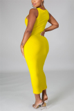 Yellow Fashion Sexy Tank Sleeveless Square Collar Vest Dress Mid Calf Lips Printed Dresses