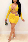 Yellow Sexy Solid Patchwork V Neck Short Two Pieces