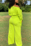 Fluorescent Green Fashion Casual Long Sleeve Oblique Collar Regular Sleeve Short Solid Two Pieces
