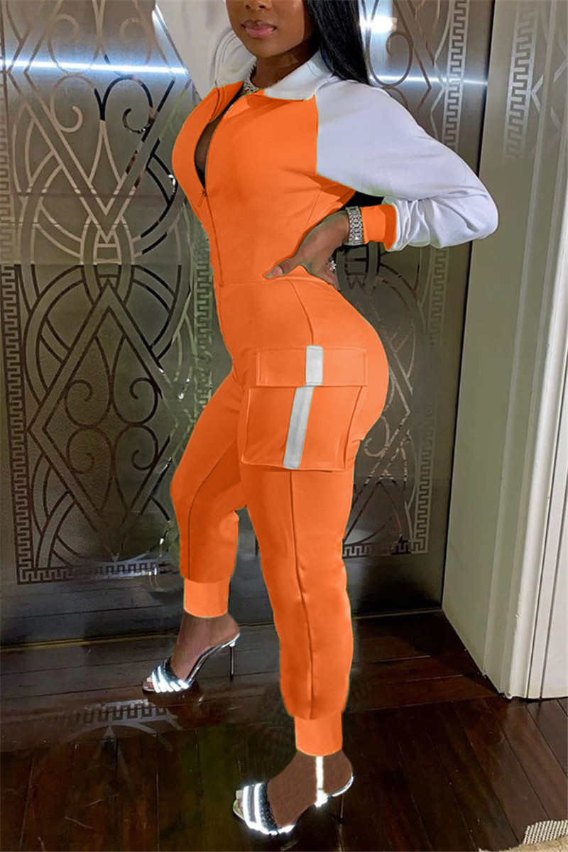 

Orange Casual Sportswear Turndown Collar Long Sleeve Regular Sleeve Regular Patchwork Jumpsuits