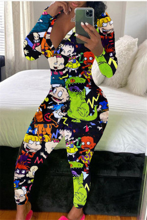multicolor Fashion Adult Living Print V Neck Skinny Jumpsuits