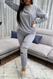 Grey Fashion Casual Adult Solid Patchwork O Neck Long Sleeve Regular Sleeve Regular Two Pieces