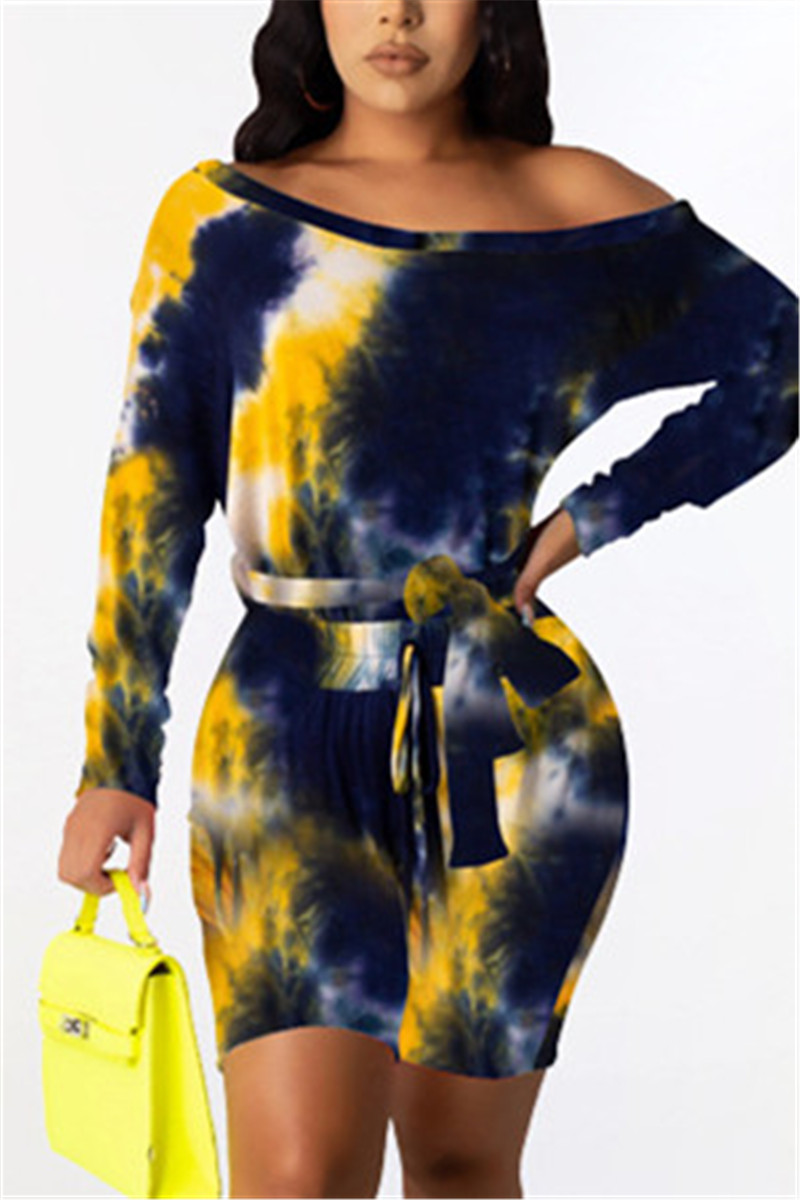 

Deep Blue Fashion Casual Oblique Collar Long Sleeve Regular Sleeve Regular Print Tie Dye Romper