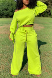 Fluorescent Green Fashion Casual Long Sleeve Oblique Collar Regular Sleeve Short Solid Two Pieces