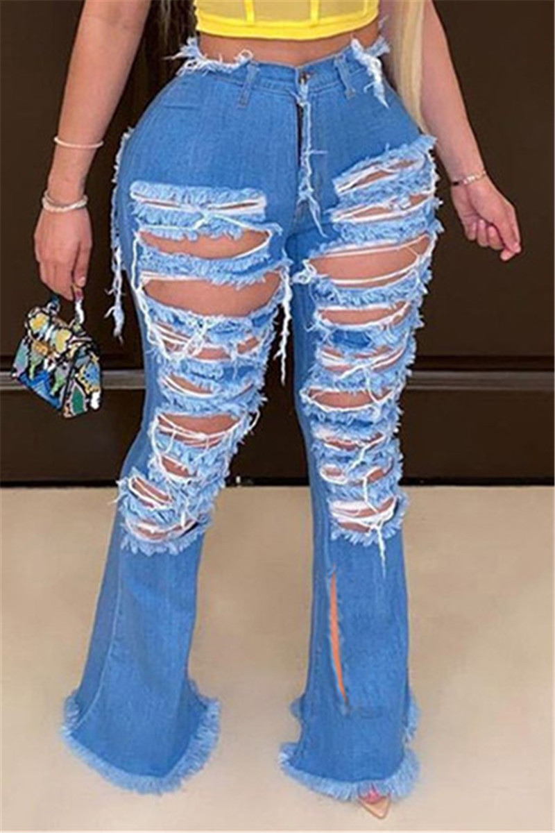 Deep Blue Fashion Casual Regular Solid Broken Hole Jeans_BOTTOMS ...