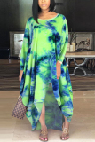 Green Fashion Casual Regular Sleeve Long Sleeve O Neck Printed Dress Floor Length Print Tie Dye Dresses