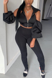 Black Fashion Sexy Adult Patchwork Solid Patchwork Hooded Collar Long Sleeve Cold Shoulder Regular Two Pieces