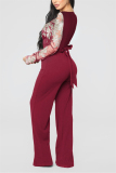 Wine Red Fashion Sexy V Neck Long Sleeve Regular Sleeve Regular Embroidery Jumpsuits