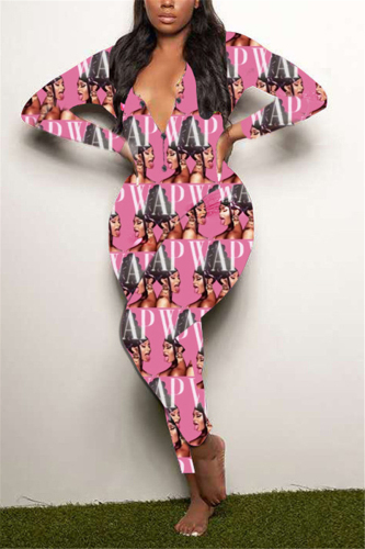 Pink Fashion Adult Living Print Letter V Neck Skinny Jumpsuits