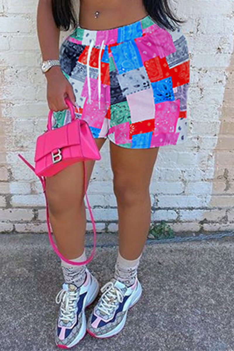 

Pink Drawstring Mid Plaid Print Straight shorts Bottoms