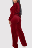 Red Casual Flocking Solid Pants Zipper Collar Long Sleeve Regular Sleeve Short Two Pieces