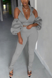 Grey Fashion Sexy Adult Patchwork Solid Patchwork Hooded Collar Long Sleeve Cold Shoulder Regular Two Pieces