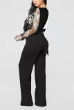 Black Fashion Sexy V Neck Long Sleeve Regular Sleeve Regular Embroidery Jumpsuits