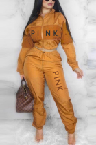 Orange Casual Sportswear Long Sleeve Zipper Collar Regular Sleeve Short Letter Print Two Pieces
