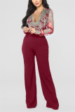 Wine Red Fashion Sexy V Neck Long Sleeve Regular Sleeve Regular Embroidery Jumpsuits