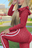 Watermelon Red Fashion Casual Long Sleeve V Neck Regular Sleeve Short Solid Two Pieces