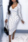 White Fashion Sexy Regular Sleeve Long Sleeve V Neck Printed Dress Mid Calf Dot Print Dresses