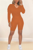 Orange Casual Sportswear Solid V Neck Long Sleeve Regular Sleeve Regular Two Pieces