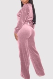 Pink Casual Flocking Solid Pants Zipper Collar Long Sleeve Regular Sleeve Short Two Pieces